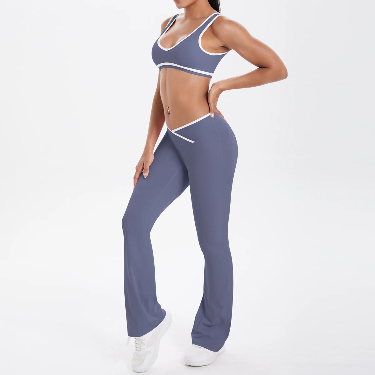 Yoga-Set mit Sport-BH und Leggings, hoher Bund, dunkelblau-grau mit Kontrastborten