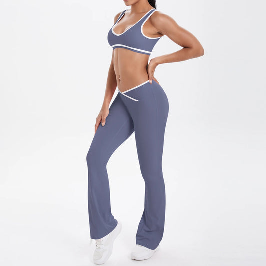 Yoga-Set mit Sport-BH und Leggings, hoher Bund, dunkelblau-grau mit Kontrastborten