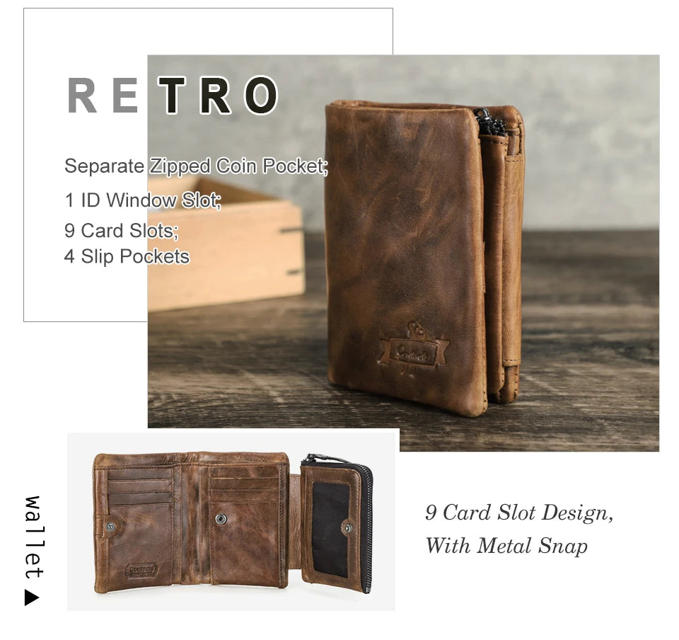 Herren Echtleder Geldbörse Vintage Kartenhalter Fotohalter Münzfach Reißverschluss Geschenk