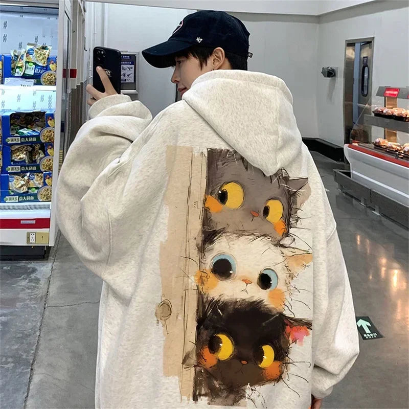 Frühling männer Cartoon Katzen Grafik Druck Hoodies Hip Hop Mode Mit Kapuze Sweatshirt Übergroßen Langarm Y2K Streetwear Hoodie