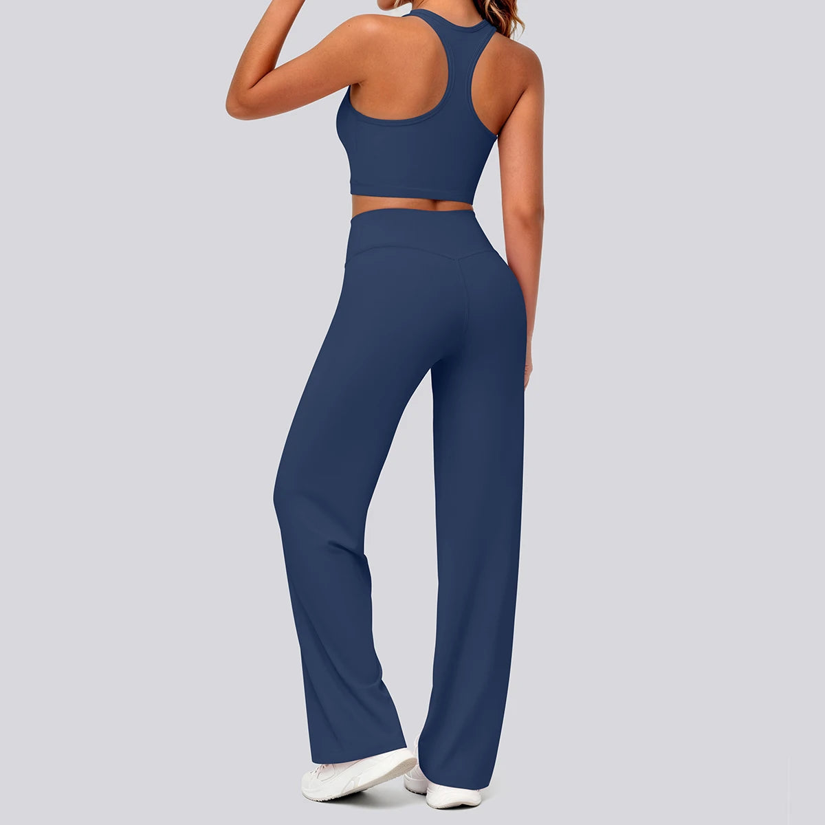 Damen-Yoga-Set in Navy: Racerback-Top, hoher Bund, weit schwingende Yogahose