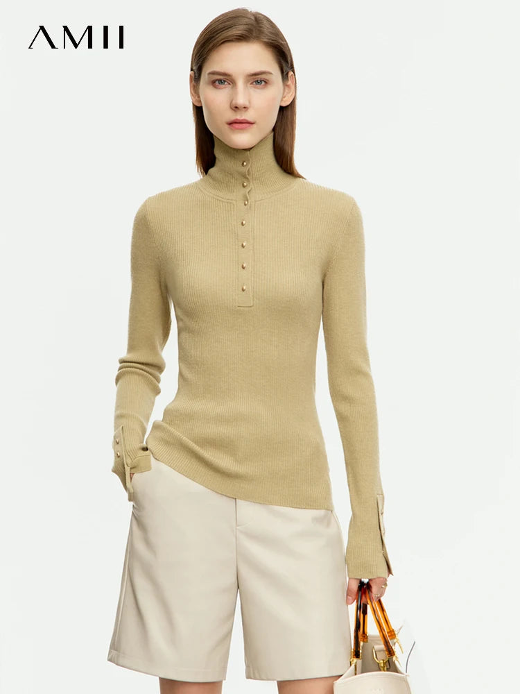 Damen-Strickjacke Rollkragen Knopfleiste Slim halboffene Front Herbst