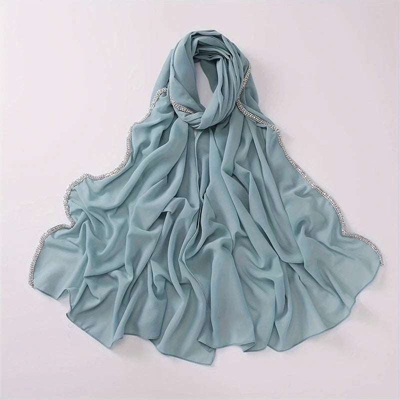Damen Chiffon Hijab Schal Perlen Strass Glitzer Stirnband Foulard muslimisch