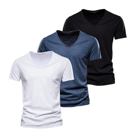 Herren-T-Shirt 3er-Set: weiß, blau, schwarz mit V-Ausschnitt, kurzärmelig