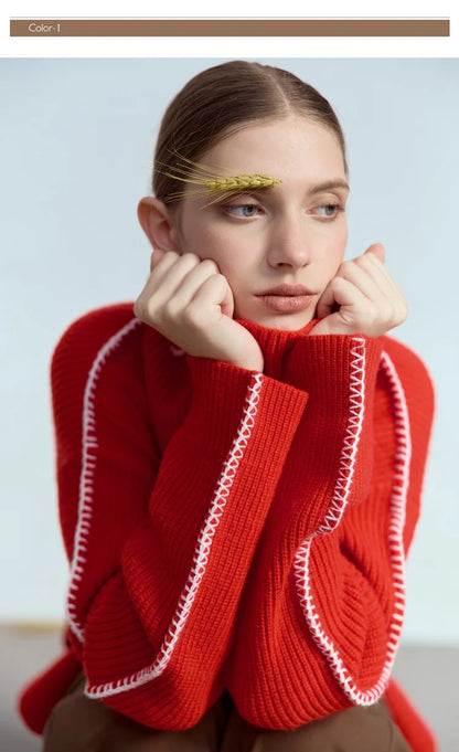 Damen-Rollkragenpullover Wolle Stickerei locker Weihnachten Winter