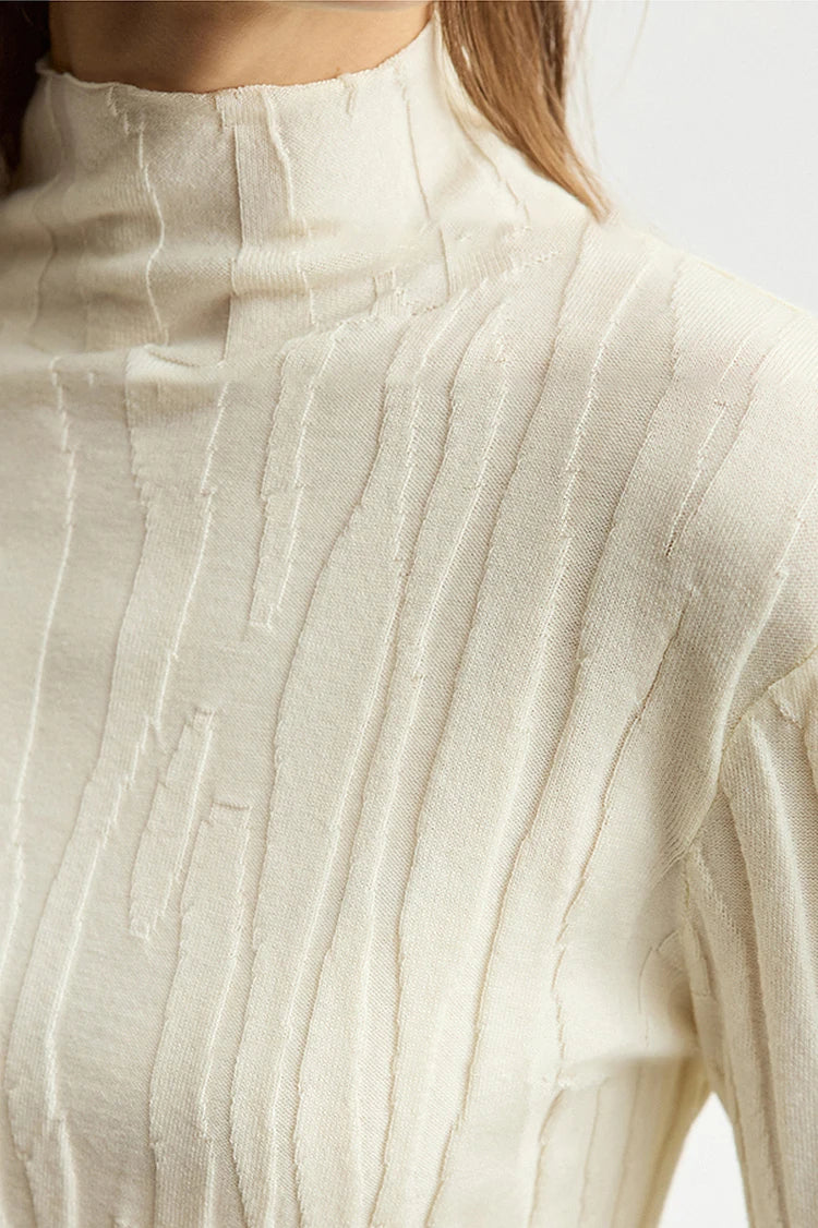 Damen-Wollpullover, cremefarbener Strick mit hohem Stehkragen, feine Rippenmuster