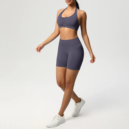 Nahtloses Fitnessset für Damen: Sport-BH und Laufshorts in Marineviolett, Set