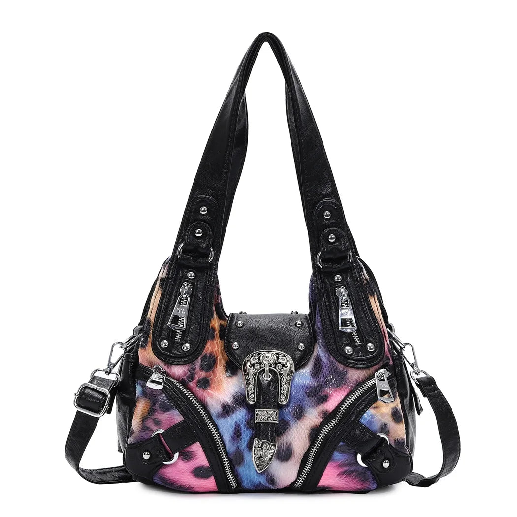 Damen-Schultertasche Rosa Patchwork Leopardenmuster Mit Top-Griff für Alltag und Freizeit