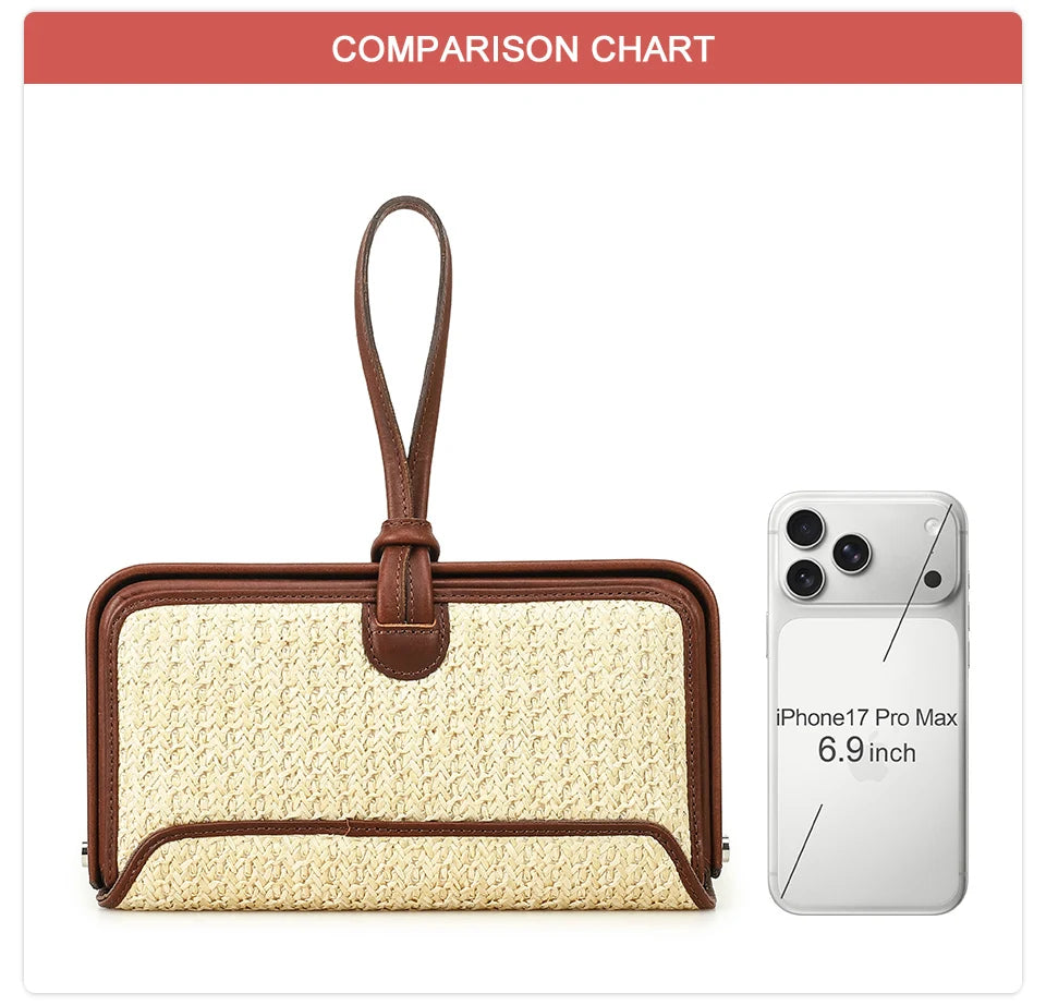 Beige Handytasche mit braunem Lederband und Handyfach, längliche Form