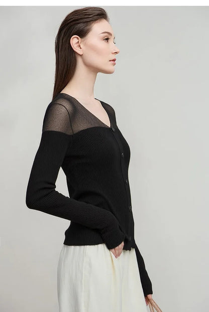 Damen V-Ausschnitt Pullover Viskose Mesh Organza Slim Frühling