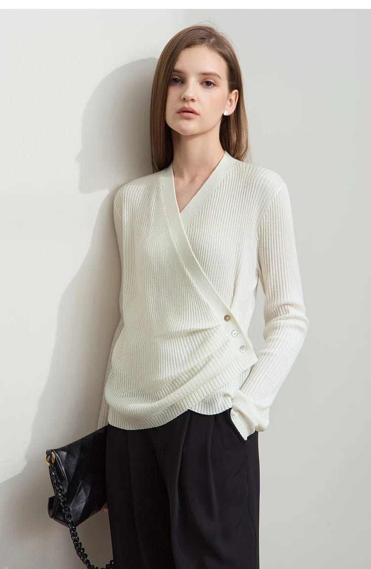 Damen V-Ausschnitt Pullover plissiert Muschelschnalle Wolle Herbst