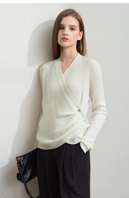 Damen V-Ausschnitt Pullover plissiert Muschelschnalle Wolle Herbst