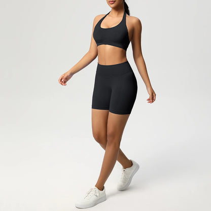 Damen-Fitnessset mit nahtlosem Sport-BH und Laufshorts, schwarz
