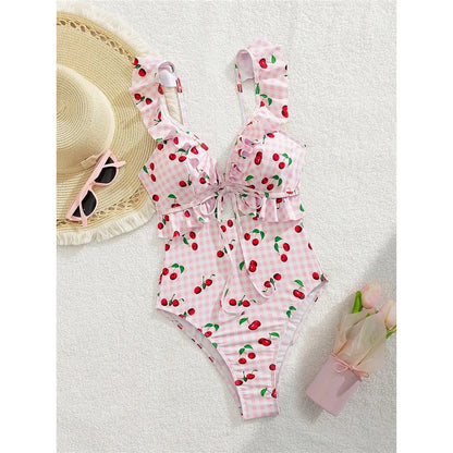 Damen Badeanzug Kirschen Karo Cut-Out Rüschen hoher Beinausschnitt Monokini