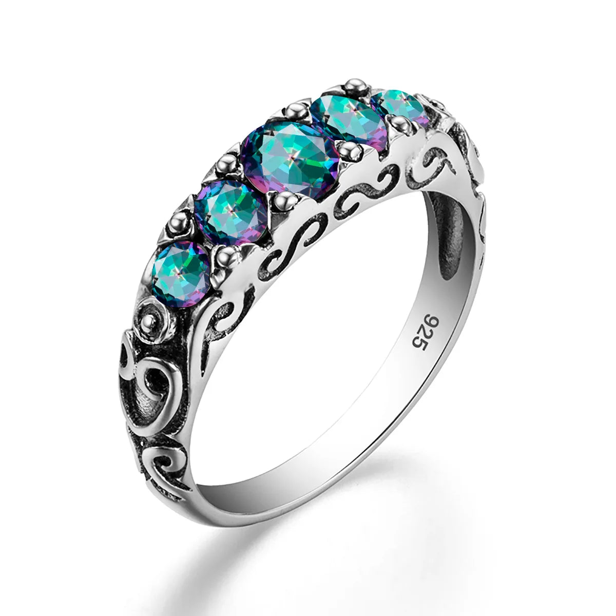 Damen-Ring aus Silber 925 mit Regenbogen-Topas Fünfstein-Design Gewölbter Bund Hochwertiges Geschenk