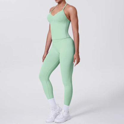 Yoga-Set mit ärmelloser Weste und Leggings, helles Salbeigrün