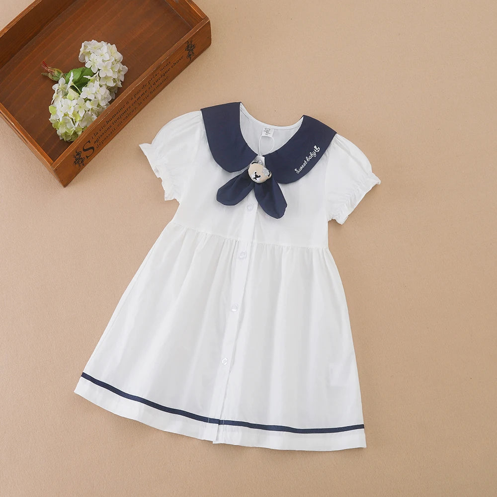 Baby Mädchen Kleid mit Marineblau Kragen Schleife Sommer Kinder Baumwolle Kleidung Kleinkind Outfit für Mädchen 2-6 Jahre