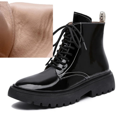 Damen-Schnürstiefel, schwarz glänzend, mit Futterkragen, dicke Sohle