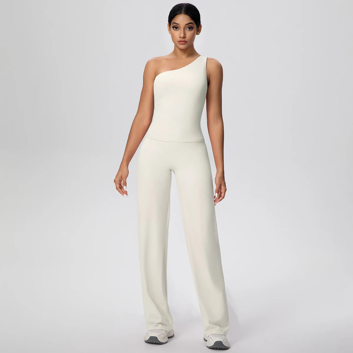 Damen-Yoga-Set hellbeige: ärmelloses Top und lange High-Waist-Leggings