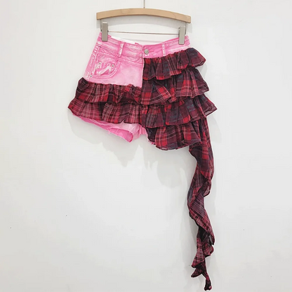 Elegantes Damenkleid mit Rundhalsausschnitt, kurzen Ärmeln und Patchwork-Design mit Quasten und Falten.