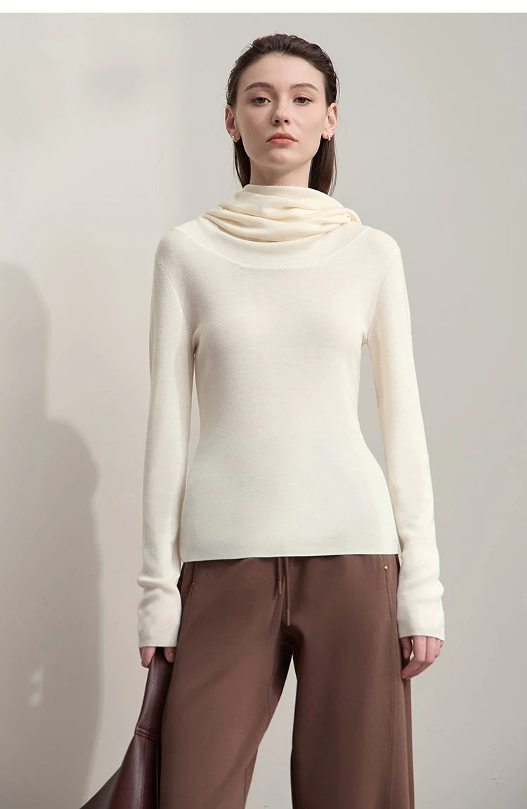 AMII Damenpullover Creme/Beige mit drapiertem Cowl-Kragen, langarmig, Vorderansicht