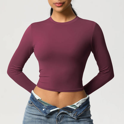 Damen-Langarmshirt Slim Fit bordeauxrot mit Rundhals und langen Ärmeln, tailliert