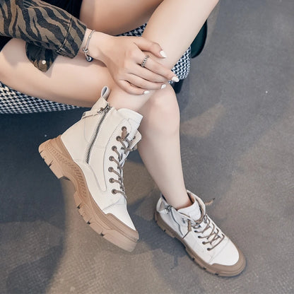 Beige Damensneaker-Boots mit Schnürung, seitlichem Reißverschluss und dicker Profilsohle