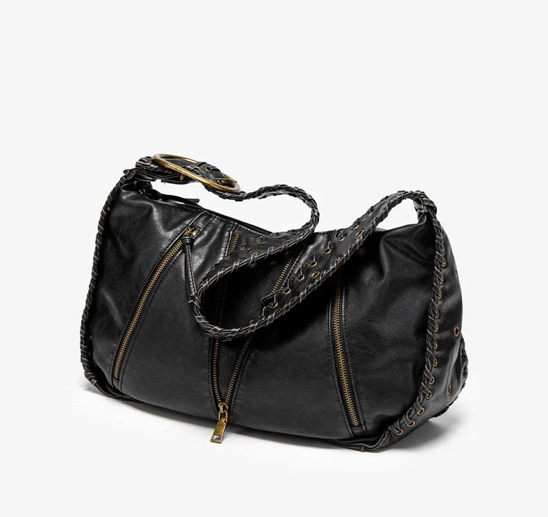 Damen-Hobo-Handtasche Vintage-Stil aus weichem Kunstleder mit geflochtenem Tragegurt und Mehrfach-Reißverschlussfächern