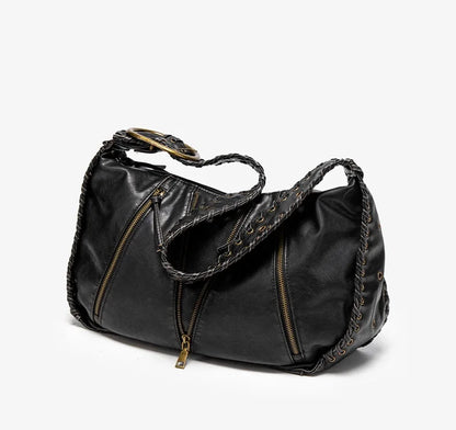 Damen-Hobo-Handtasche Vintage-Stil aus weichem Kunstleder mit geflochtenem Tragegurt und Mehrfach-Reißverschlussfächern
