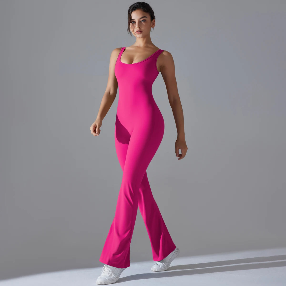 Damen-Fitnessbody mit weitem Yoga-Hosenbein, pink, ärmellos, U-Ausschnitt