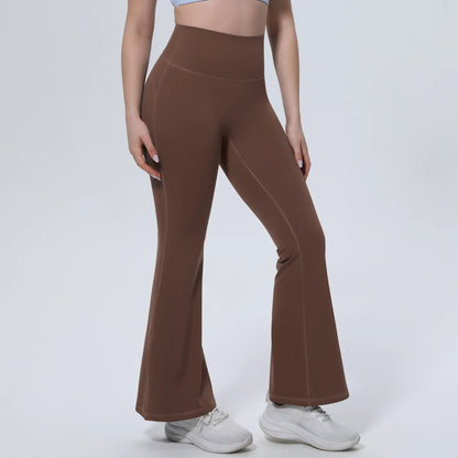 Damen-Yogahose, braun, High-Waist Bund, langes weites Bein