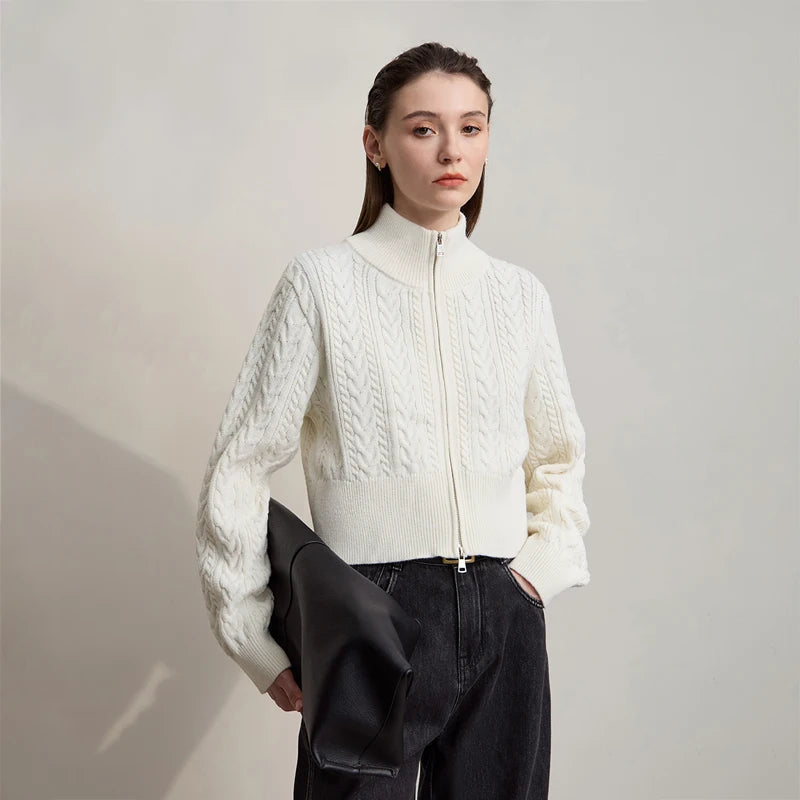 Damen-Rollkragen-Strickjacke Reißverschluss schlank Herbst