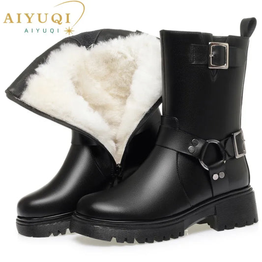 Damen-Snowboots aus schwarzem Leder mit weißem Wollfutter, Schnallen und Profilsohle.
