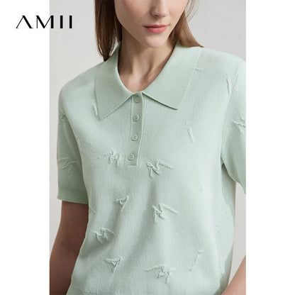 Damen-POLO-Strickpullover mit Kurzarm, mintgrün, Knopfleiste, dezente Jacquard-Muster