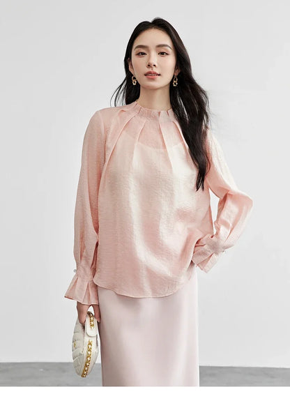 Elegante Vintage-Chiffonbluse mit Print und langen Ärmeln – lockerer Schnitt für Frühling und Herbst