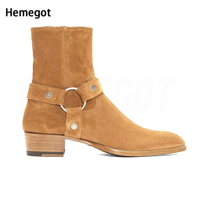 Herren Chelsea-Boots aus Wildleder, braun, mit Metallring-Schnalle und Riemen