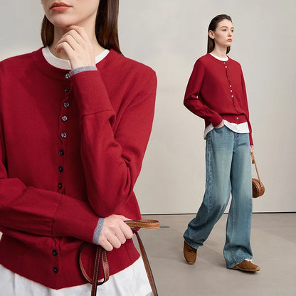 Damen-Rundhalspullover Strickjacke einfarbig einreihig Herbst-Winter