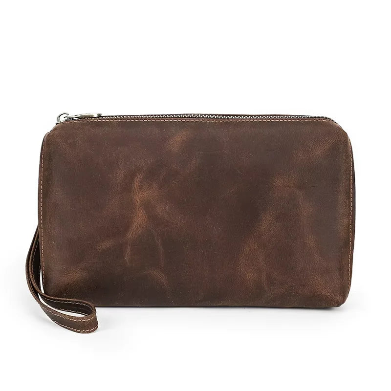 Braune Herren-Leder-Clutch mit Reißverschluss und kurzem Schulterriemen