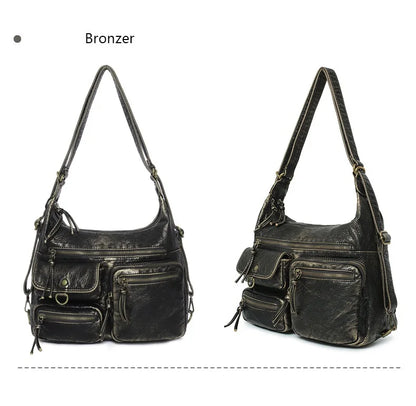Damen-Umhängetasche Aus PU Mit Top-Griff Und Vintage-Look Schwarz Große Kapazität
