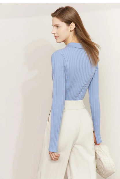 Damen-Strickjacke Polokragen Slim doppelreihig Wolle-Mix Frühling-Herbst
