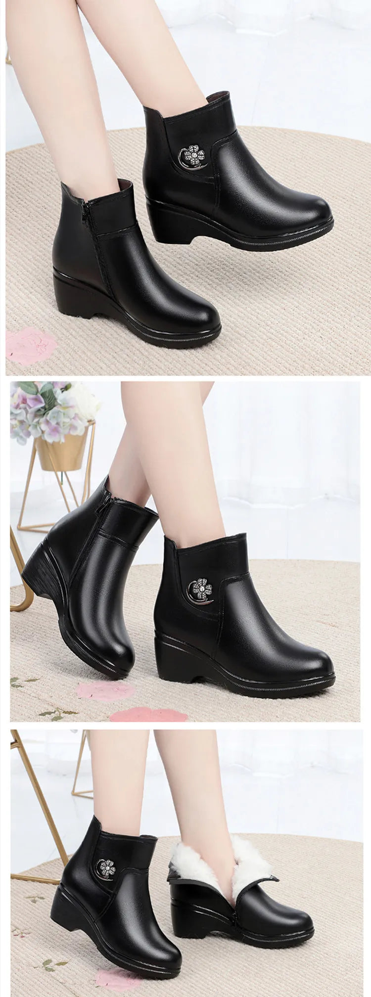 Schwarze Damen-Winterstiefeletten mit Keilabsatz, gepolstertem Schaft