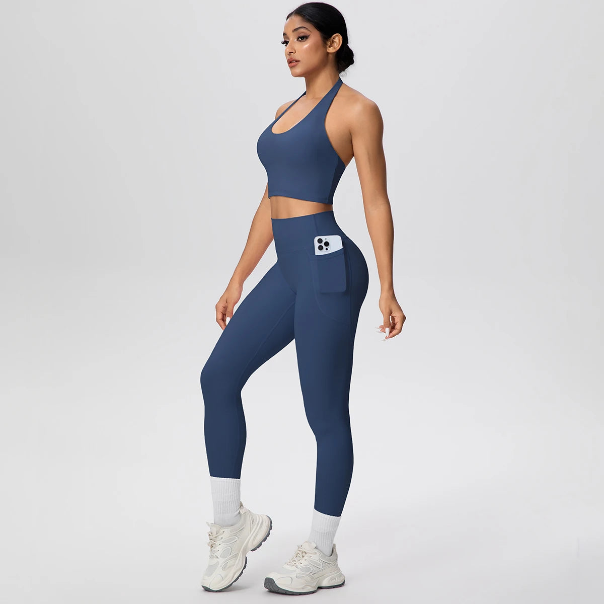 Navy Yogaset für Frauen: Sport-BH und lange Leggings, Handyfach vorn am Bund