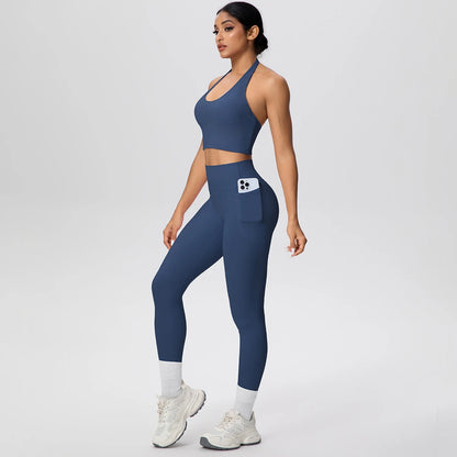 Navy Yogaset für Frauen: Sport-BH und lange Leggings, Handyfach vorn am Bund