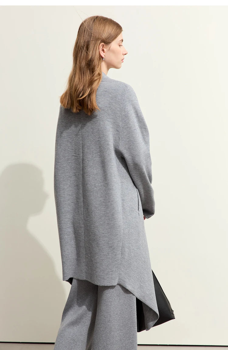 Damen-Strickjacke Wolle Umlegekragen lang locker Tasche Herbst