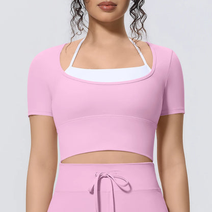 Damen Sport-T-Shirt, rosa, Frontansicht mit Racerback-Look und nahtbetonter Taille