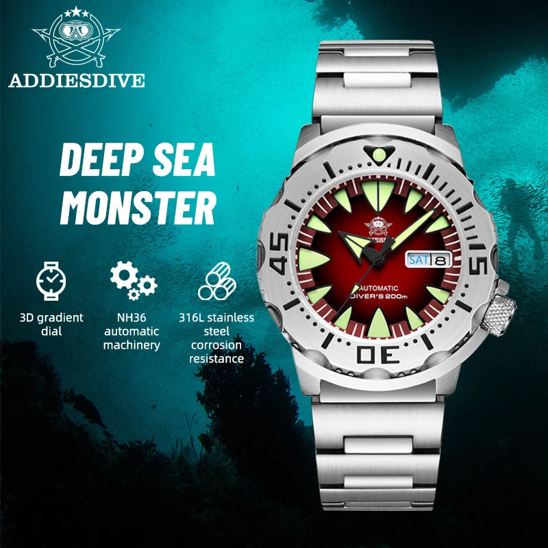 ADDIESDIVE AD2103 Men Monster Watch Luminous Sapphire Glass Blue Dial NH36 Diver 316L Stainless Steel Mechanical Watches