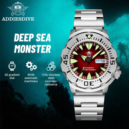 ADDIESDIVE AD2103 Men Monster Watch Luminous Sapphire Glass Blue Dial NH36 Diver 316L Stainless Steel Mechanical Watches