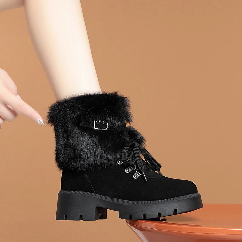 AIYUQI Women Snow Boots Platform New Rabbit Female Winter Boots Fashion Large Size Non-slip Genuine Leather Women Ankle Boots