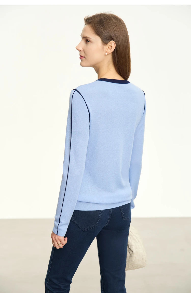 Damen-Rundhalspullover Patchwork Slim Wolle-Mix Herbst-Winter