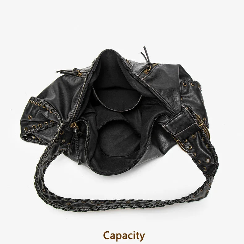 Damen-Hobo-Handtasche Vintage-Stil aus weichem Kunstleder mit geflochtenem Tragegurt und Mehrfach-Reißverschlussfächern